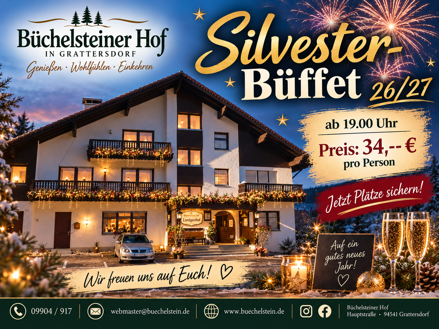 Silvester Büffet 2026/27 im Büchelsteiner Hof in Grattersdorf , Lkrs. Deggendorf, Region Sonnenwald
